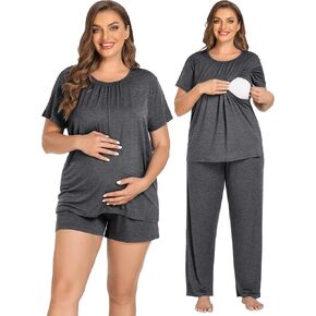 SWOMOG Women 3Pcs Maternity Pajama Set Nursing Pjs Pregnancy Set Breastfeeding Pjs Double Layer with Pockets