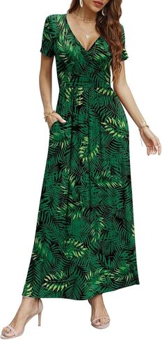 CATHY Women Short Sleeve Deep V-Neck Casual Long Dress Pleated Waist Maxi Dresses with Pockets in Saudi Arabia