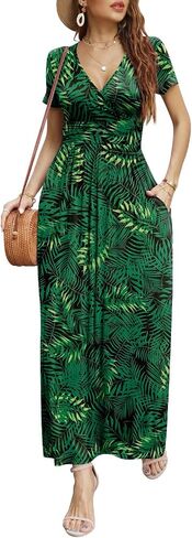 CATHY Women Short Sleeve Deep V-Neck Casual Long Dress Pleated Waist Maxi Dresses with Pockets in Saudi Arabia