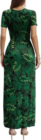 CATHY Women Short Sleeve Deep V-Neck Casual Long Dress Pleated Waist Maxi Dresses with Pockets in Saudi Arabia