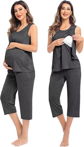 SWOMOG Women Maternity Pajama Set Nursing Pjs Double Layer Sleeveless Top Capri Pregnancy Set Breastfeeding Pjs with Pockets in Saudi Arabia