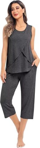 SWOMOG Women Maternity Pajama Set Nursing Pjs Double Layer Sleeveless Top Capri Pregnancy Set Breastfeeding Pjs with Pockets in Saudi Arabia