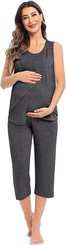 SWOMOG Women Maternity Pajama Set Nursing Pjs Double Layer Sleeveless Top Capri Pregnancy Set Breastfeeding Pjs with Pockets in Saudi Arabia