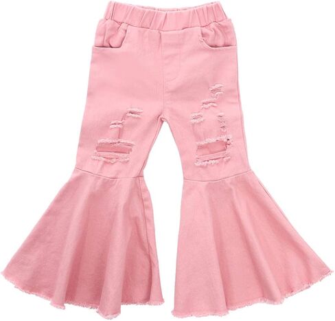 FIOMVA Toddler Baby Girls Flare Pants Solid Denim Ripped Jeans Ruffle Wide Leg Legging Trousers High Waist Bell Bottoms in Saudi Arabia