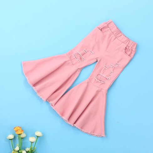 FIOMVA Toddler Baby Girls Flare Pants Solid Denim Ripped Jeans Ruffle Wide Leg Legging Trousers High Waist Bell Bottoms in Saudi Arabia