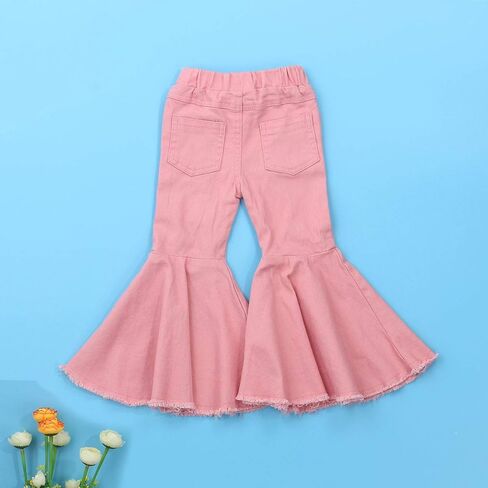 FIOMVA Toddler Baby Girls Flare Pants Solid Denim Ripped Jeans Ruffle Wide Leg Legging Trousers High Waist Bell Bottoms in Saudi Arabia