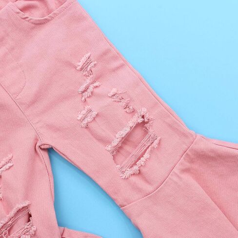 FIOMVA Toddler Baby Girls Flare Pants Solid Denim Ripped Jeans Ruffle Wide Leg Legging Trousers High Waist Bell Bottoms in Saudi Arabia