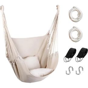 Hommtina Hammock Chair Hanging Rope Swing, Max 300 Lbs Hanging Chair with Pocket- Quality Cotton Weave for Superior Comfort & Durability Perfect for Outdoor, Home, Bedroom, Patio, Yard (Beige)