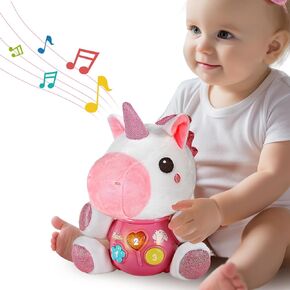 iPlay، iLearn Baby Unicorn Musical Toys، الفتيات حديثي الولادة حيوانات محشوة ناعمة من القطيفة، وقت بطن الرضع، مجموعة موسيقى مضيئة، سلة هدايا عيد الميلاد، 0 1 3 6 9 12 18 شهرًا للأطفال الصغار بعمر سنة واحدة