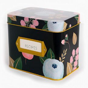 Recipe Cards and Box Set - 24 4x6 Recipe Cards - Sturdy Tin Box - Sleek Black with Gold Finish and Floral Print - Store and Protect your Favorite Recipes