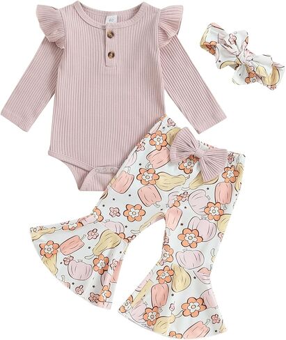 Kuriozud Newborn Baby Girl Bell Bottom Outfit Ruffle Romper Cute Bow Flare Pants Set Headband Fall Clothes in Saudi Arabia