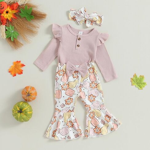 Kuriozud Newborn Baby Girl Bell Bottom Outfit Ruffle Romper Cute Bow Flare Pants Set Headband Fall Clothes in Saudi Arabia