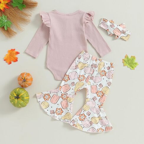 Kuriozud Newborn Baby Girl Bell Bottom Outfit Ruffle Romper Cute Bow Flare Pants Set Headband Fall Clothes in Saudi Arabia