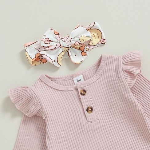 Kuriozud Newborn Baby Girl Bell Bottom Outfit Ruffle Romper Cute Bow Flare Pants Set Headband Fall Clothes in Saudi Arabia
