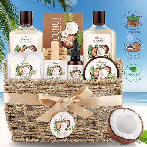 Bath & Shower Spa Basket Gift Set, Coconut Scent, with Shower Gel, Bubble Bath,Body Lotion, Bath Bomb,Bath Salt, Bath and Body Gift Box for Women in Kuwait