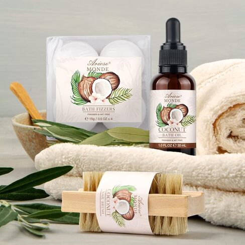 Bath & Shower Spa Basket Gift Set, Coconut Scent, with Shower Gel, Bubble Bath,Body Lotion, Bath Bomb,Bath Salt, Bath and Body Gift Box for Women in Kuwait