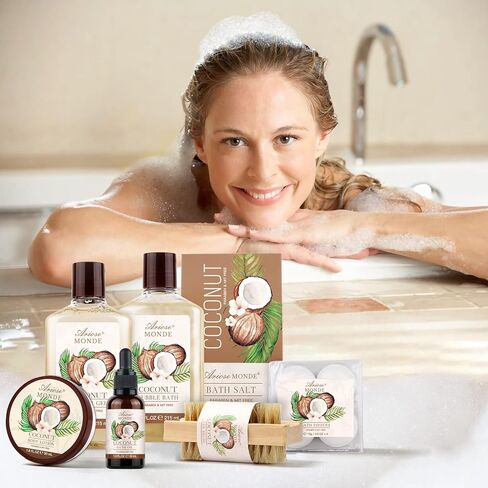 Bath & Shower Spa Basket Gift Set, Coconut Scent, with Shower Gel, Bubble Bath,Body Lotion, Bath Bomb,Bath Salt, Bath and Body Gift Box for Women in Kuwait