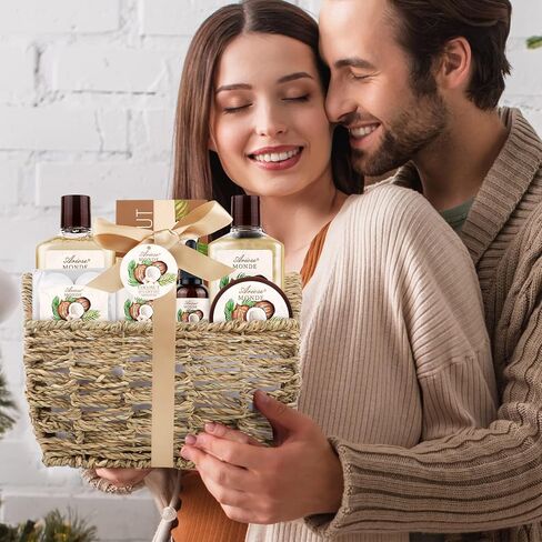 Bath & Shower Spa Basket Gift Set, Coconut Scent, with Shower Gel, Bubble Bath,Body Lotion, Bath Bomb,Bath Salt, Bath and Body Gift Box for Women in Kuwait