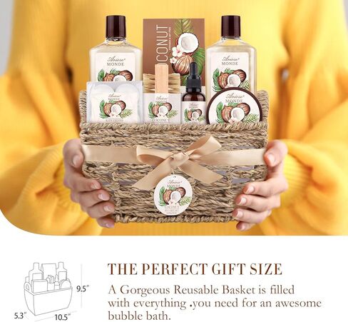 Bath & Shower Spa Basket Gift Set, Coconut Scent, with Shower Gel, Bubble Bath,Body Lotion, Bath Bomb,Bath Salt, Bath and Body Gift Box for Women in Kuwait