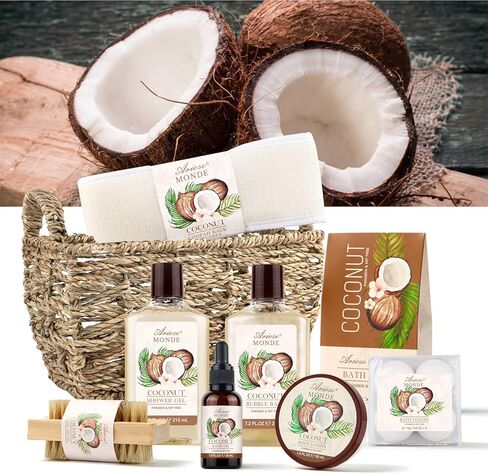 Bath & Shower Spa Basket Gift Set, Coconut Scent, with Shower Gel, Bubble Bath,Body Lotion, Bath Bomb,Bath Salt, Bath and Body Gift Box for Women in Kuwait