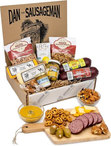 علبة هدايا Dan the Sausageman's Sounder Gourmet - تحتوي على سجق صيفي مدخن وأجبان ويسكونسن للتقاعد أو المستأجر أو المقاول أو سلة تقدير العملاء، ومعبأة بشكل احترافي، وتتوفر رسائل هدايا. in Saudi Arabia