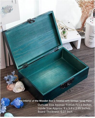 jingcai Wooden Keepsake Box,Decorative Wooden BoxVintage Handmade Wood Craft Boxwith Locks and Keys for Jewelry Gift Storage Boxand Home Decor (Peacock blue-stained)(NOSTALGIE),9.8x6.7x3.5 Inch in Saudi Arabia