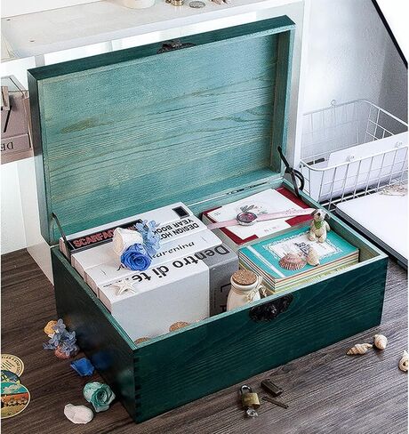 jingcai Wooden Keepsake Box,Decorative Wooden BoxVintage Handmade Wood Craft Boxwith Locks and Keys for Jewelry Gift Storage Boxand Home Decor (Peacock blue-stained)(NOSTALGIE),9.8x6.7x3.5 Inch in Saudi Arabia