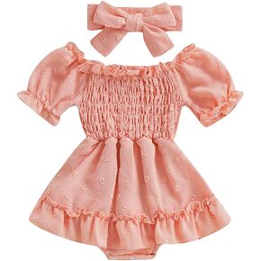Infant Baby Girls Romper Dress 3 6 9 12 18 Months Onesie Summer Clothes Ruched Jumpsuits Hem Bodysuits Headband