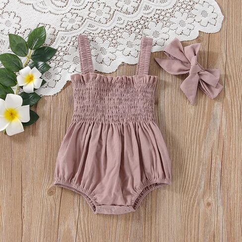 Infant Baby Girls Romper Dress 3 6 9 12 18 Months Onesie Summer Clothes Ruched Jumpsuits Hem Bodysuits Headband in Saudi Arabia