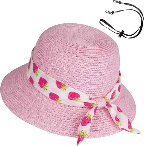 Girls Sun Straw Hat Kids Summer Beach Packable Hats Cute Floppy Cap Adjustable Size with Chin Strap for 5-10 Years in Saudi Arabia