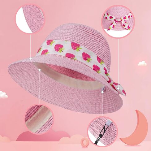 Girls Sun Straw Hat Kids Summer Beach Packable Hats Cute Floppy Cap Adjustable Size with Chin Strap for 5-10 Years in Saudi Arabia