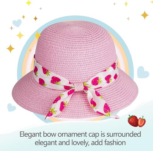 Girls Sun Straw Hat Kids Summer Beach Packable Hats Cute Floppy Cap Adjustable Size with Chin Strap for 5-10 Years in Saudi Arabia