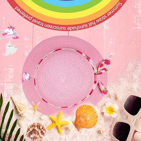 Girls Sun Straw Hat Kids Summer Beach Packable Hats Cute Floppy Cap Adjustable Size with Chin Strap for 5-10 Years in Saudi Arabia