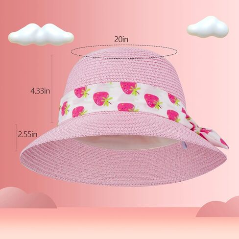 Girls Sun Straw Hat Kids Summer Beach Packable Hats Cute Floppy Cap Adjustable Size with Chin Strap for 5-10 Years in Saudi Arabia