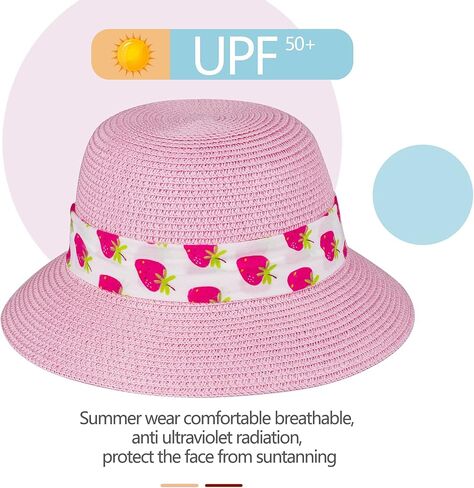 Girls Sun Straw Hat Kids Summer Beach Packable Hats Cute Floppy Cap Adjustable Size with Chin Strap for 5-10 Years in Saudi Arabia