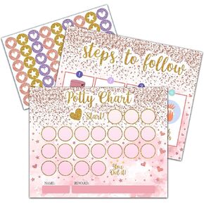 Pink Glitter Potty Training Sticker Chart, 10 Potty Charts with 216 Round Stickers & 1 Instruction Sheet, Potty Reward Sticker Chart for Toddlers Girls - A22