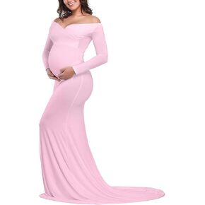 Maternity Elegant Fitted Maternity Gown Long Sleeve Cross-Front V Neck Slim Fit Maxi Photography Dress for Photoshoot in Kuwait