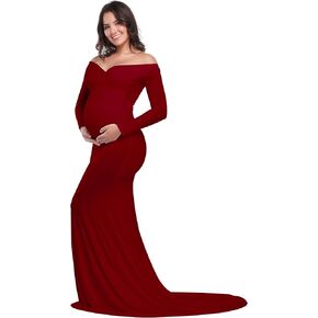 VSNOW Maternity Elegant Fitted Maternity Gown Long Sleeve Slim Fit Maxi Photography Dress for Photoshoot Pregnant Dress