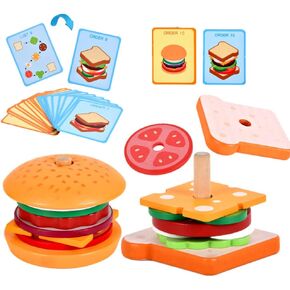 eamve Montessori Toys for Toddlers,Wooden Burger Sandwich Sorting & Stacking Toys for Toddlers and Kids Preschool,Burger Sandwitch Wooden Preschool Educational Toys for Gift 3,4,5 Years Old(2 Sets) in Kuwait