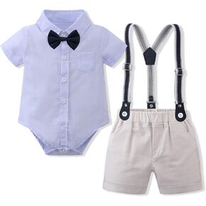 IDOPIP Baptism Outfits for Boys Baby Clothes Gentleman Formal Suit Bowtie Romper Suspender Shorts 4PCS Birthday Tuxedo Outfit