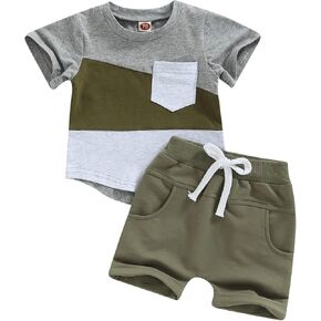 Toddler Baby Boy Summer Clothes Contrast Color Short Sleeve Shirt Top Shorts Casual Baby Boy Shorts Set in Kuwait