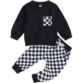 Doqcey Toddler Baby Boy Fall Winter Clothes Checkerboard Long Sleeve Sweatshirt Pants Sweatsuit Set Checkered Plaid Outfit