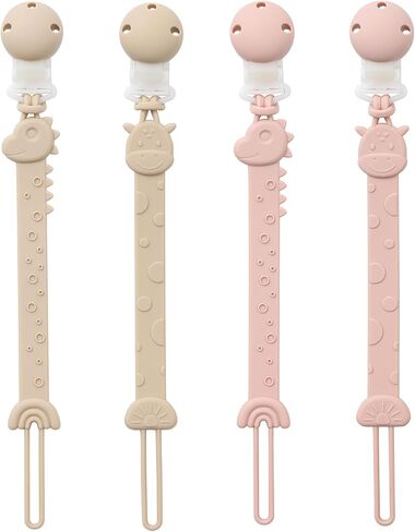 Pacifier Clips for Baby Boys Girls, One-Piece Silicone Pacifier Holder Strap 4 Pack, Binky Paci Clips Animal Rainbow Design, Lightweight Break-Resistant, Dishwasher Safe-Ivory+Sage in Saudi Arabia