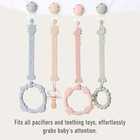 Pacifier Clips for Baby Boys Girls, One-Piece Silicone Pacifier Holder Strap 4 Pack, Binky Paci Clips Animal Rainbow Design, Lightweight Break-Resistant, Dishwasher Safe-Ivory+Sage in Saudi Arabia