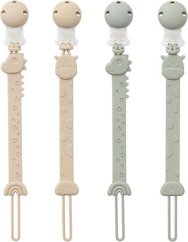 Pacifier Clips for Baby Boys Girls, One-Piece Silicone Pacifier Holder Strap 4 Pack, Binky Paci Clips Animal Rainbow Design, Lightweight Break-Resistant, Dishwasher Safe-Ivory+Sage in Saudi Arabia