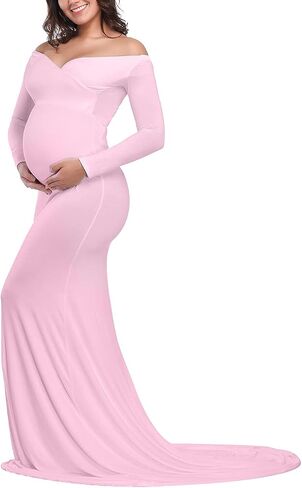 Maternity Elegant Fitted Maternity Gown Long Sleeve Cross-Front V Neck Slim Fit Maxi Photography Dress for Photoshoot in Saudi Arabia