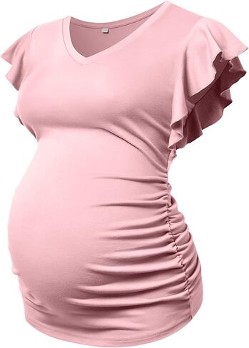 Maternity Pregnancy V Neck Fly Short Sleeve Stylish T Shirt Pregnant Side Ruched Top Shirt in Kuwait