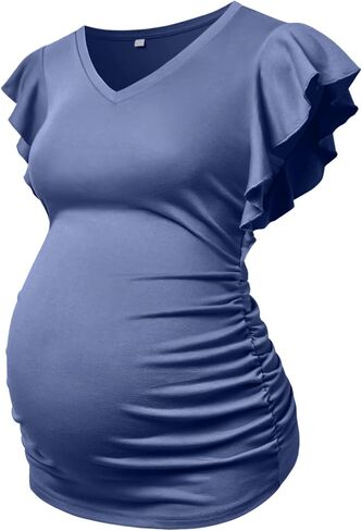 Maternity Pregnancy V Neck Fly Short Sleeve Stylish T Shirt Pregnant Side Ruched Top Shirt in Kuwait