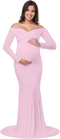 VSNOW Maternity Elegant Fitted Maternity Gown Long Sleeve Slim Fit Maxi Photography Dress for Photoshoot Pregnant Dress in Saudi Arabia