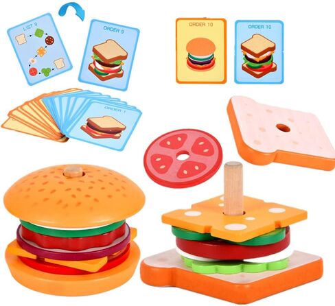 eamve Montessori Toys for Toddlers,Wooden Burger Sandwich Sorting & Stacking Toys for Toddlers and Kids Preschool,Burger Sandwitch Wooden Preschool Educational Toys for Gift 3,4,5 Years Old(2 Sets) in Kuwait